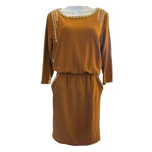 Garnet Hill Brown Knit‎ Dress White Embroidered Trim Long Sleeve Pockets